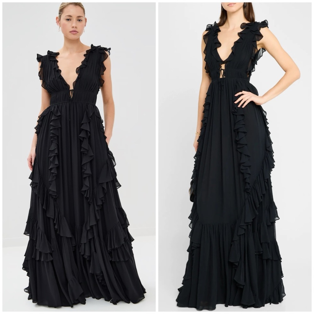 ULLA JOHNSON Florella Gown Noir Black Maxi Silk Gown Dress with Ruffles SZ US 8 - Picture 12 of 12